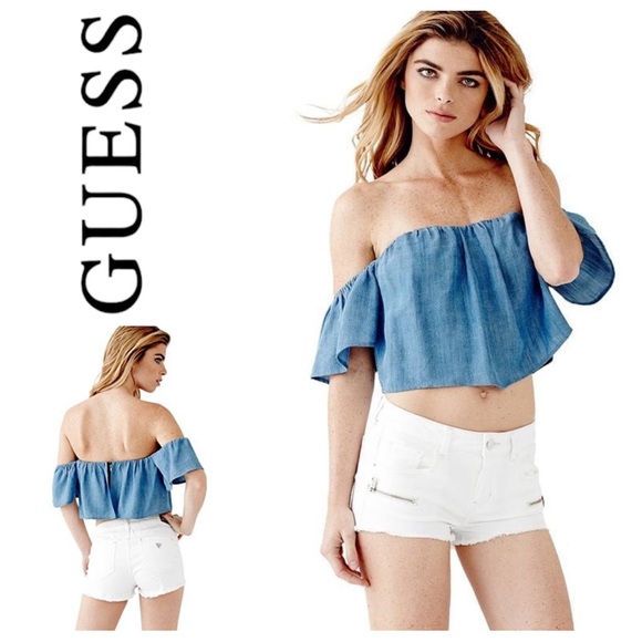 Guess Denim Off-The-Shoulder Corset Crop Top Sz: XS - Picture 1 of 16